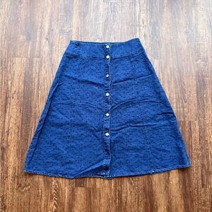Vintage 90s Requirements Eyelet Denim Button-Down Linen Blend Midi Skirt-Size 10